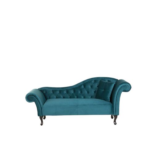 Chaise Longue En Velours Bleu Paon Côté Droit Lattes