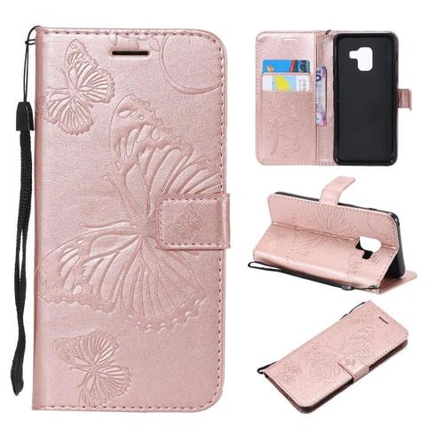 Flip Étui Pour Samsung Galaxy A8 2018 Couverture Magnétique Cuir Pu Couverture Antichoc Flip Kickband Avec Support De Fente Pour Carte - Couleur Rose