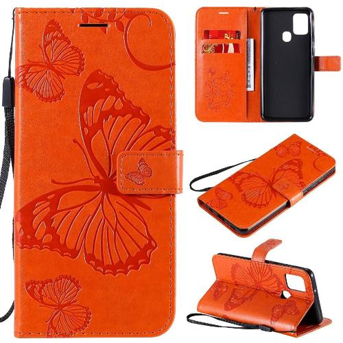 Flip Étui Pour Samsung Galaxy A21s Flip Kickband Couverture Magnétique Couverture Antichoc Avec Support De Fente Pour Carte Cuir Pu - Orange