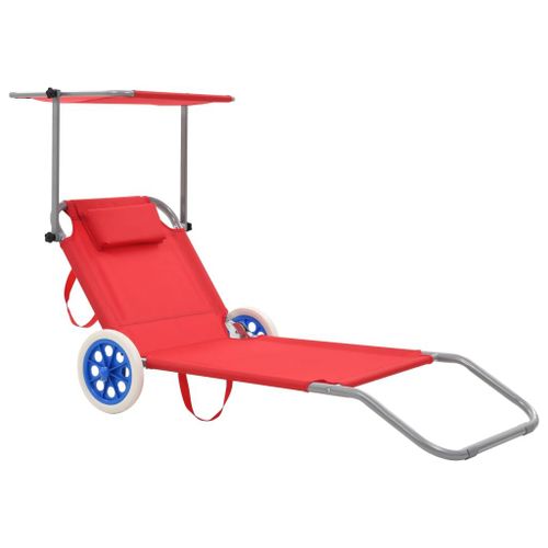 Vidaxl Chaise Longue Pliable Avec Auvent Et Roues Acier Rouge