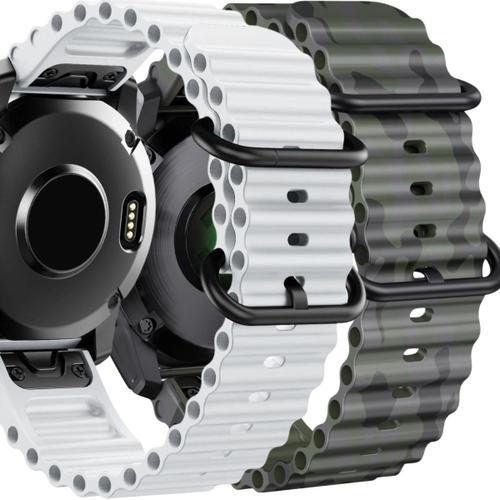 Pack 2x Bracelets Ocean Waves Pour Garmin Fenix 6x Pro Sapphire Blanc Et Vert Militaire