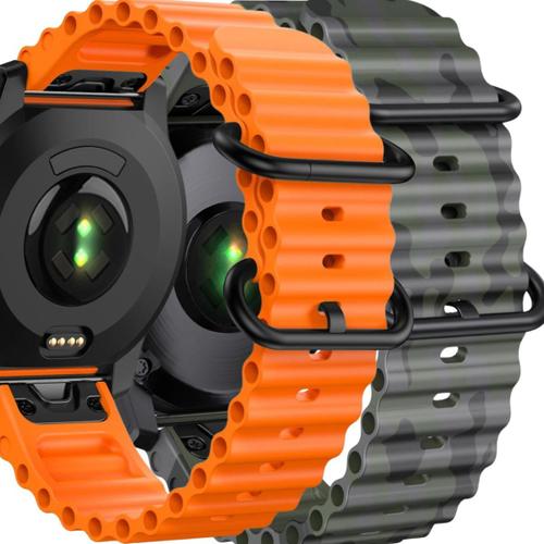 Pack 2x Bracelets Ocean Waves Pour Garmin Fenix 6 Pro Sapphire Orange Et Vert Militaire