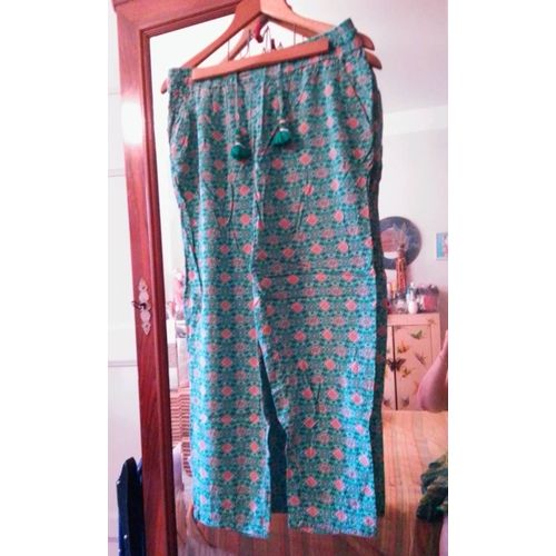 Pantalon Léger Bleu Clair Motifs Roses Clairs 42 Xl Lh.