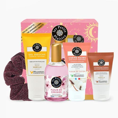 Les Petits Plaisirs - Coffret Parfum Fleur De Cerisier, Eau De Toilette Femme, Gel Douche, Crème Mains. Coffret Cadeau Femme, Made In France, Flacon 110ml 