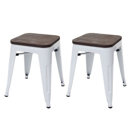 2x Tabouret Hwc-A73, Avec Siège En Bois, Métal, Style Industriel   Blanc