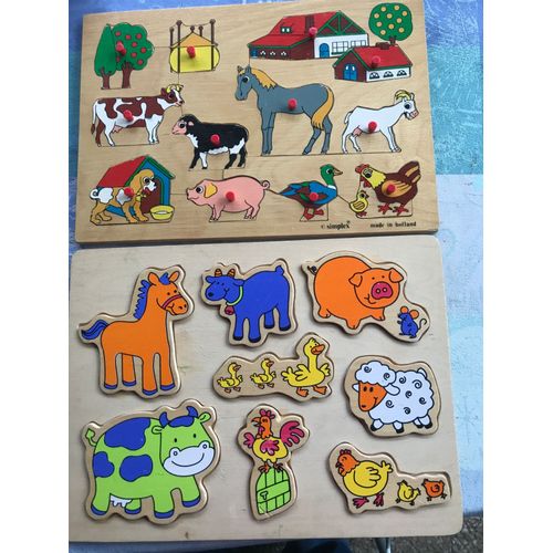 Lot De 2 Puzzles En Bois : La Ferme Et Les Animaux De La Ferme : 12 Et 8 Pièces : À Partir De 2 Ans