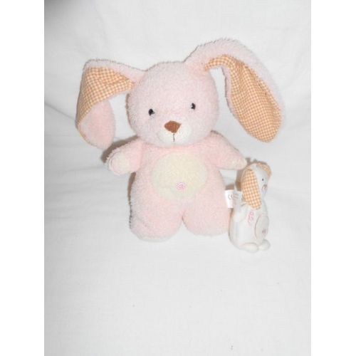 Doudou Peluche Lapin Avec Son Petit Rose Blanc Ecru Creme Beige Spirale Nombril Carreau Vichy Orange Grelot Sidj