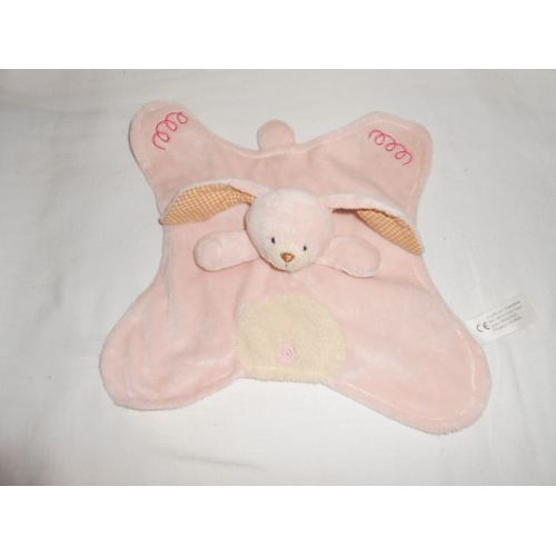 Doudou Lapin Plat Carre Avec Son Petit Rose Blanc Ecru Creme Beige Spirale Nombril Carreau Vichy Orange Grelot Sidj