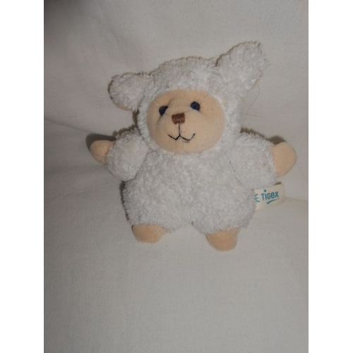 Doudou Peluche Agneau Mouton Beige Ecru Creme Blanc Bille Dans Le Corps Broderie Rose Tigex