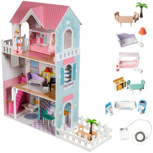 Mamabrum Grande Maison De Poupées En Bois Pour Enfants, Éclairage Led 123 X 34 X 114 Cm 3 Étages, Terrasse, Jardin & Accessoires - Ce