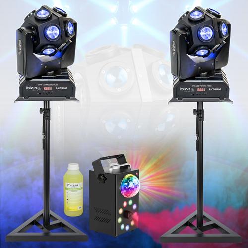 Pack de 2 Lyres Beam Infinies DMX Ibiza Light E-COSMOS 4-en-1 12x10W - 2 pieds Supports - Machine Fumée 700W LEDS RGB - Soirée Fête DJ