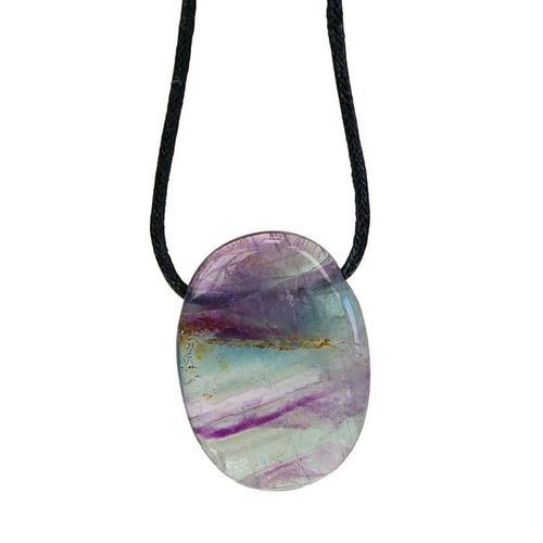 Collier Fluorite Pierre Ovale Percée Cordon Noir