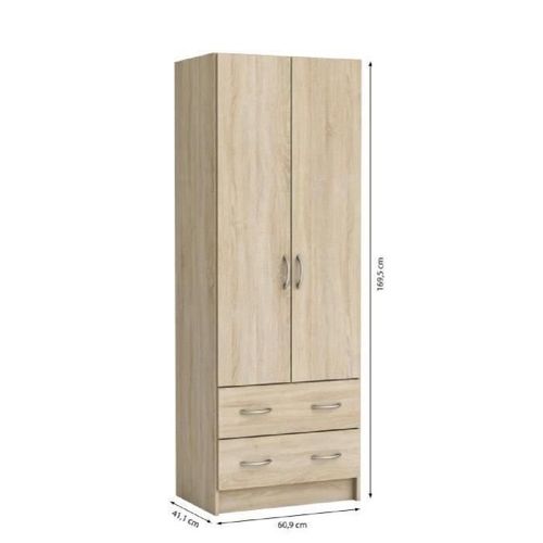 Demeyere Armoire - Décor Chene Brossé - 2 Portes Et 2 Tiroirs - Classique - Chambre - L 61 Cm - Dual