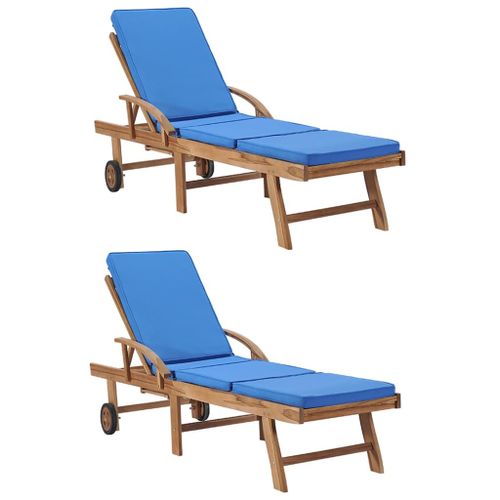 Vidaxl Chaises Longues Avec Coussins 2 Pcs Bois De Teck Solide Bleu