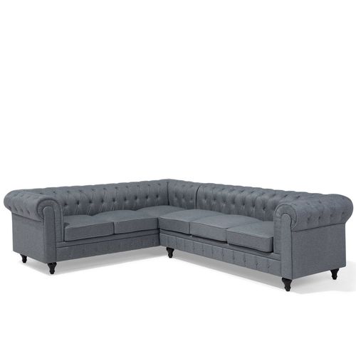 Canapé Angle À Droite 6 Places En Tissu Gris Clair Chesterfield
