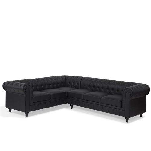 Canapé D'angle Droit 6 Places En Cuir Pu Noir Chesterfield