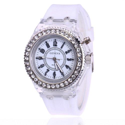 Led Coloré Strass Sport Montres Lumineux Rougeoyant Femmes Quartz Ladies Montres-Bracelets En Silicone-Blanc