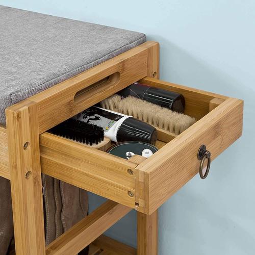 SoBuy FSR47-N Banc à Chaussures avec Assise Rembourée et Tiroirs, Banquette Rangement  Chaussure avec Tiroirs Latéraux en Bambou L90xP30xH45cm