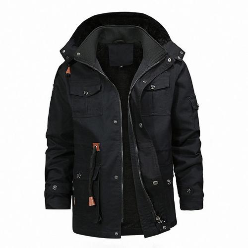 Parka À Capuche Homme De Marque Plus De Velours Épaissir Grande Taille Blouson Hommes Couleur Unie Multi-Poche Zippé Manteau Homme