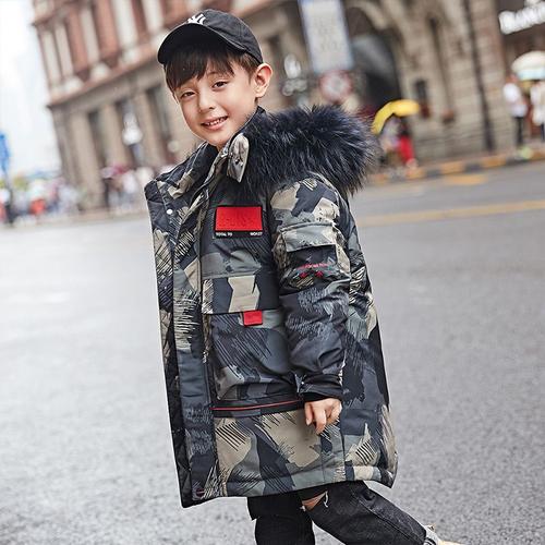 Doudoune Enfant Garçon de Marque à imprimé camouflage avec duvet à capuche  Manteau Garçon à fourrure synthétique mi-longue Parka Garçon -ZS307075