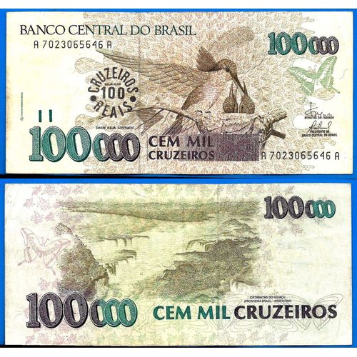 Bresil 100000 Cruzeiros 1993 Surcharge 100 Reais Brasil Amerique Du Sud Brazil Cruzeiro