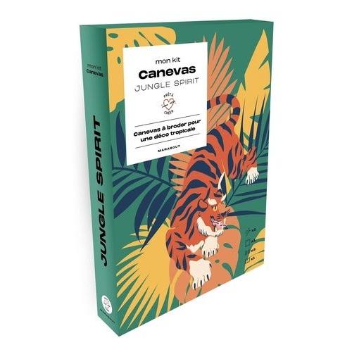Mon Kit Canevas Jungle Spirit - Canvevas À Broder Pour Une Déco Tropicale - Coffret Avec 1 Toile À Canevas, 1 Aiguille, 7 Échevettes Et 1 Livret