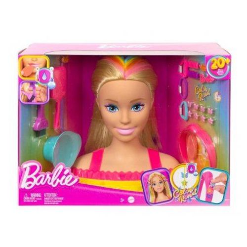 Grande Tete A Coiffer Barbie Blonde Avec Meches Arc En Ciel - 22 Accessoires Color Reveal - Set Jouet Coiffure Fille Et Carte