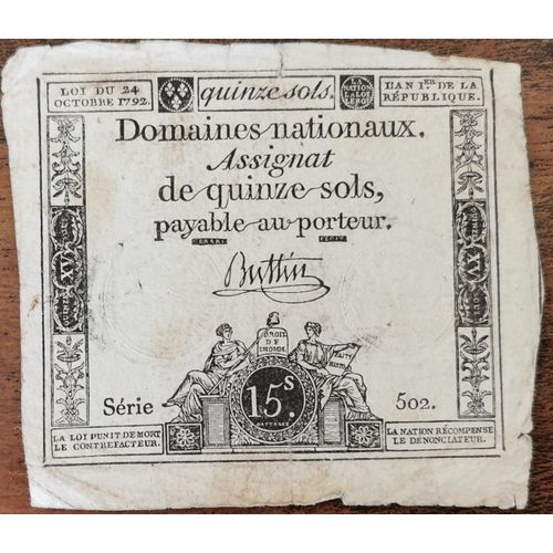 Assignat 15 Sols - L'an 1 De La République 24 Octobre 1792 - Série 502 - Buttin