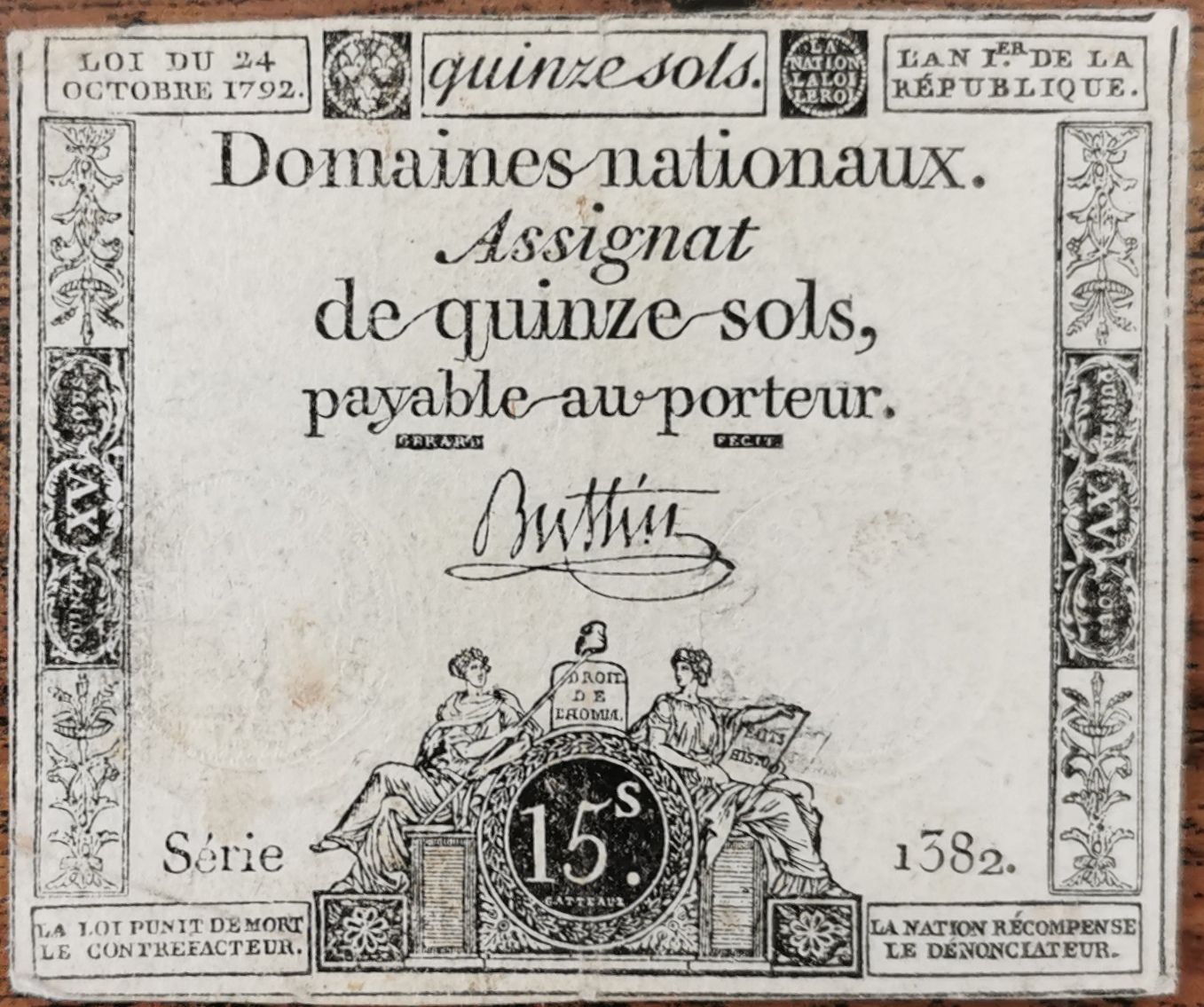 Assignat 15 Sols - L'an 1 De La République 24 Octobre 1792 - Série 1382 - Buttin