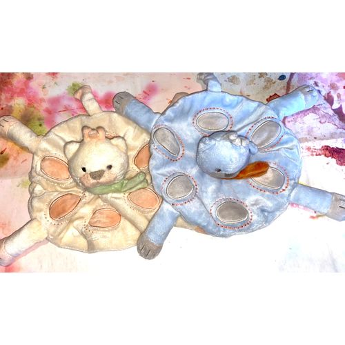 Doudou Chat Ours Kimbaloo Bleu Et Beige Crème Lot De Deux Doudous La Halle Jouets Bébé