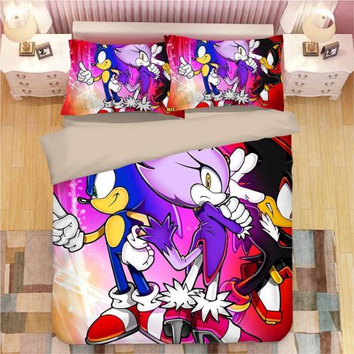 Sonic Parure De Couesse De Marque :1 Housse De Couette +1 Drap Plat + Taies D'oreiller 3d Imprimée Sonic Thème Parure De Lit -Pm300400