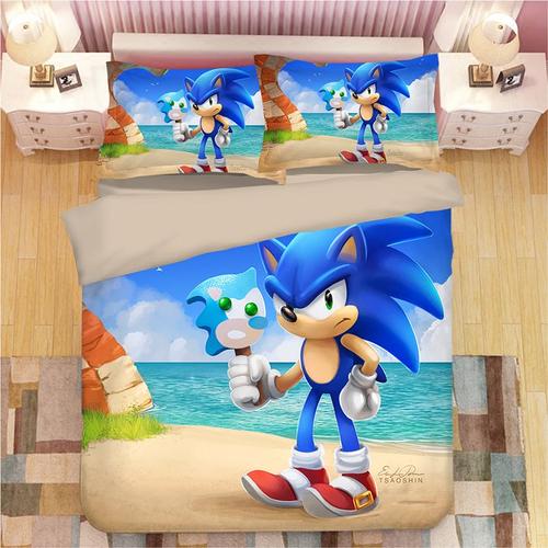 Sonic Parure De Couesse De Marque :1 Housse De Couette +1 Drap Plat + Taies D'oreiller 3d Imprimée Sonic Thème Parure De Lit -Pm300400