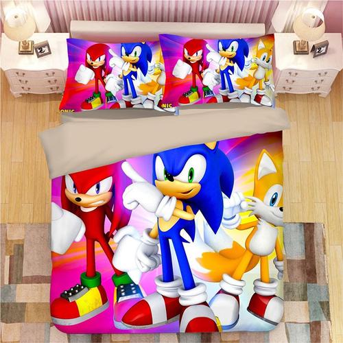 Sonic Parure De Couesse De Marque :1 Housse De Couette +1 Drap Housse + Taies D'oreiller 3d Imprimée Sonic Thème Parure De Lit -Pm300400