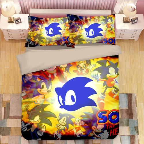 Sonic Parure De Couesse De Marque :1 Housse De Couette +1 Drap Housse + Taies D'oreiller 3d Imprimée Sonic Thème Parure De Lit -Pm300400