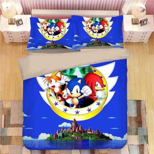 Sonic Parure De Couesse De Marque :1 Housse De Couette +1 Drap Housse + Taies D'oreiller 3d Imprimée Sonic Thème Parure De Lit -Pm300400