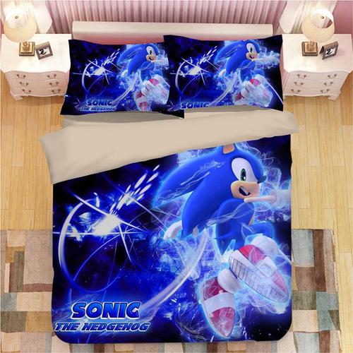 Sonic Parure De Couesse De Marque :1 Housse De Couette +1 Drap Housse + Taies D'oreiller 3d Imprimée Sonic Thème Parure De Lit -Pm300400