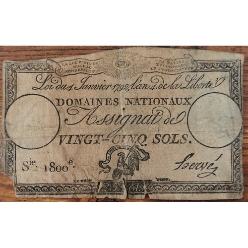 Assignat 25 Sols - 4 Janvier 1792 - Série 1800 - Domaine Nationaux - Hervé