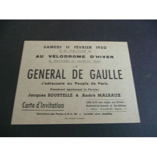 Général De Gaulle - Carte D'invitation - Allocution Au Vélodrome D'hiver - Éd Non Crédité - 11 Février 1950