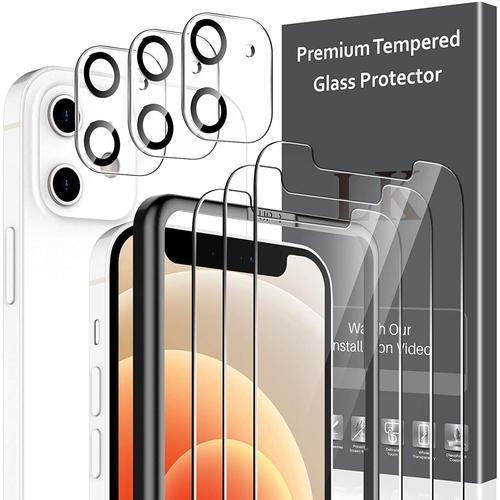 3+3 Pack Verre Trempé Iphone 12 (6.1"") Protecteur D'écran + Iphone 12 (6.1"") Caméra Arrière Protecteur Double Protection, Haute Transparence, Anti-Rayures