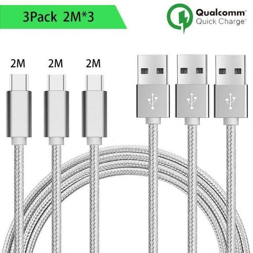 Câble USB Type C, Lot de 3, 2M - Nylon Argenté