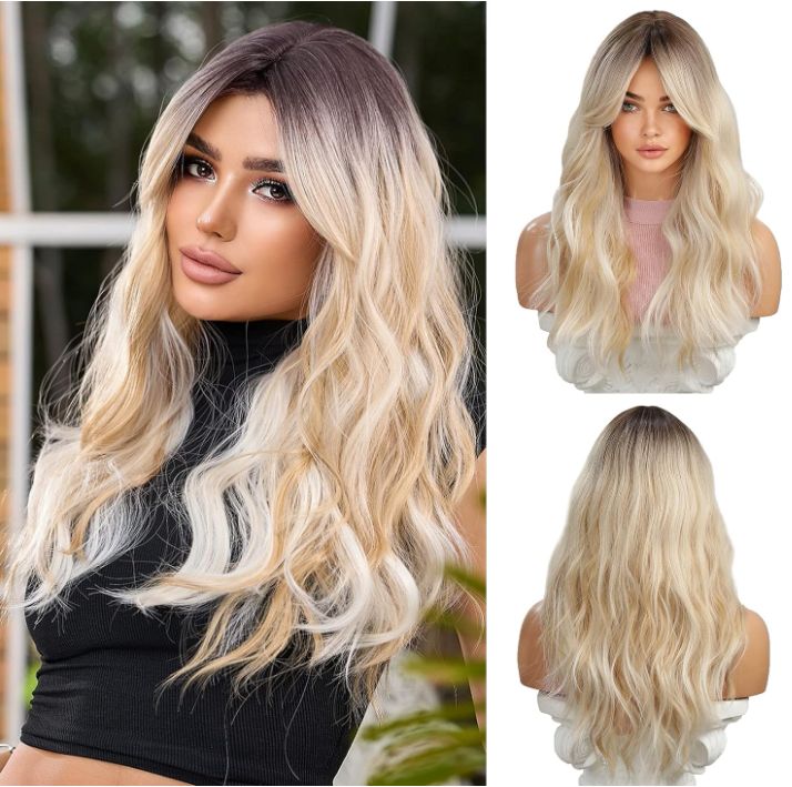 Perruque Blonde Longue Bouclée Pour Femme Avec Frange, Perruque Ondulée Avec Racines Foncées, Cheveux Synthétiques Naturels, Convient Pour Les Tenues De Cosplay Quotidiennes