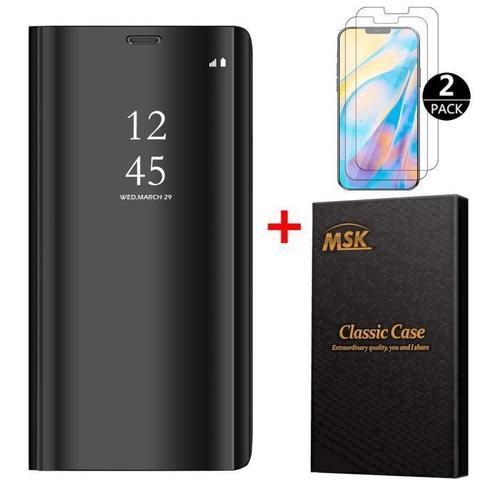 Coque Iphone 12 + [2 Pack] Verre Trempé Miroir Flip Case Avec Stand Housse Protection Étui Pour Iphone 12 Noir