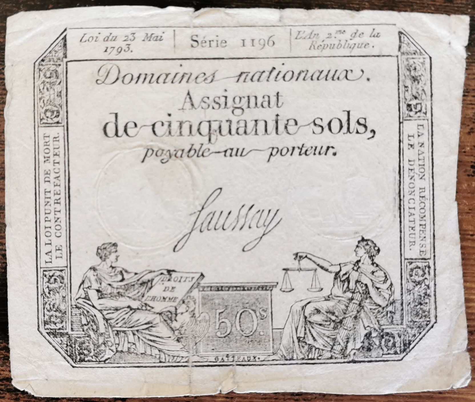 Assignat 50 Sols - 23 Mai 1793 - Série 1196 - Domaine Nationaux - Saussay