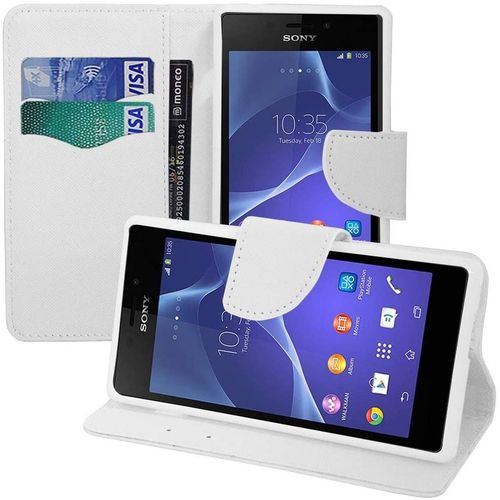 Etui Coque Housse Sony Xperia M2, Etui Portefeuille Support Video Cuir Pu Effet Tissu Couleur Blanc