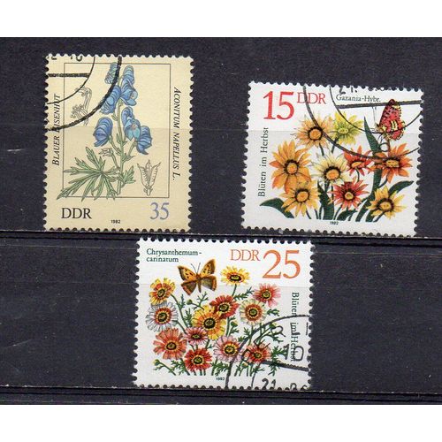 Allemagne- Ddr- Lot De 3 Timbres Oblitérés - Fleurs D' Automne