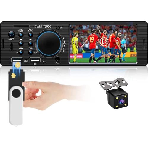 Autoradio Bluetooth Mains Libres 1 Din 4 Pouces à écran Tactile FM avec Deux Ports USB/AUX-in/Carte SD + caméra de recul +.[Z283]