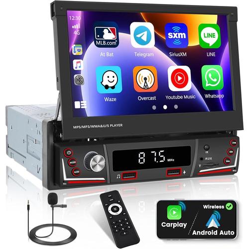 7"" Retractable Écran Tactile Autoradio 1 Din Carplay Android Auto sans Fil, Bluetooth Mains Libres Poste Stéréo.[Z386]