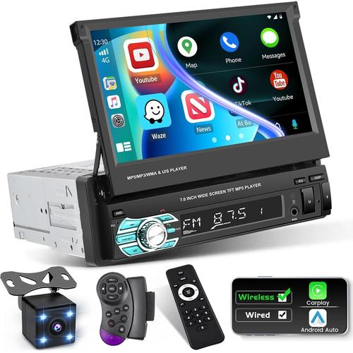 Autoradio 1 Din CarPlay Android Auto avec 7'' Écran Tactile Rétractable 1 Din Poste Radio Voiture Bluetooth Main Libres.[Z53]