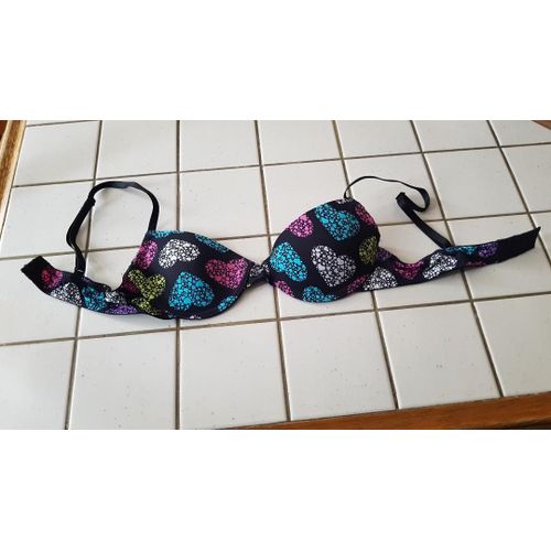 Soutien-Gorge Multicolore Motif Coeurs Roses, Bleus, Blancs Et Jaunes Sur Fond Noir 85a Avec Doublure