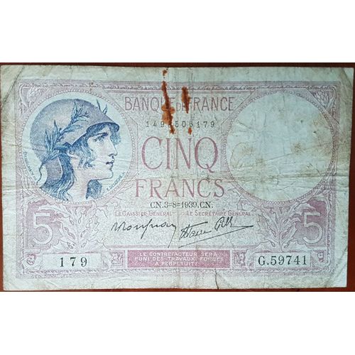 Billet 5 Francs Violet 3 - 8 - 1939 France G.59741